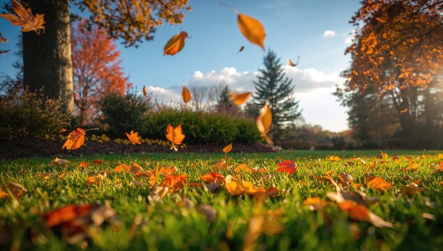 Scene of autumn foliage drifting onto the grass surrounded by blossoms, bushes, and trees - Powered by Adobe