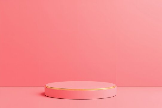 Vibrant neon salmon pink overhead flat lay of a cylindrical podium for product showcasing, featuring a sleek, luxurious golden-accented minimal background