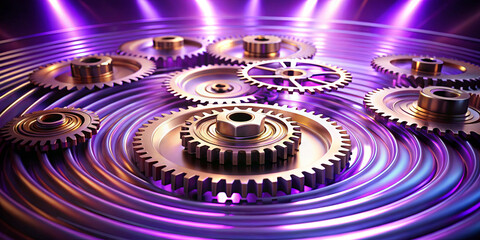 Metallic gears are arranged in a circular pattern on a vibrant purple background, illuminated by soft lighting. The design creates an artistic and dynamic visual effect