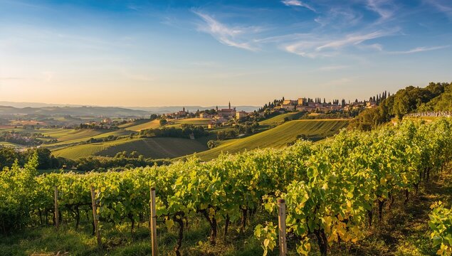Springtime vineyards seen from a hillside in a picturesque region