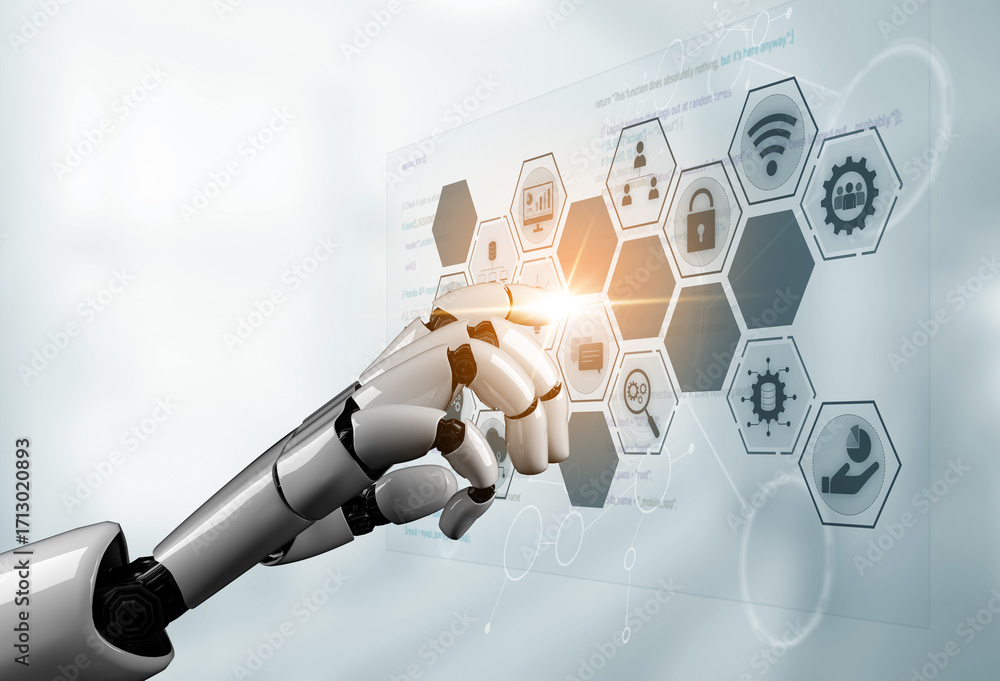 Poster ai managing integrated business system, analyzing data, securing digital infrastructure, connecting 