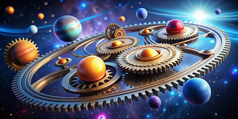 Intricate gears interact with colorful planets in a starry background, depicting a blend of science and fantasy. Vibrant hues and detailed mechanical elements create a captivating scene