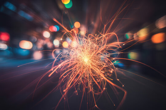 Energetic Sparkler Igniting Night with Colorful Bokeh Lights in a Dynamic Celebration
