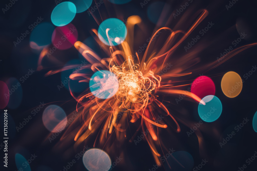 Poster dynamic burst of colorful light trails against a dark background creating a festive atmosphere