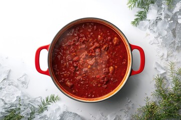 Overhead shot of a bowl filled with hot and flavorful chili con carne, ideal for chilly evenings.