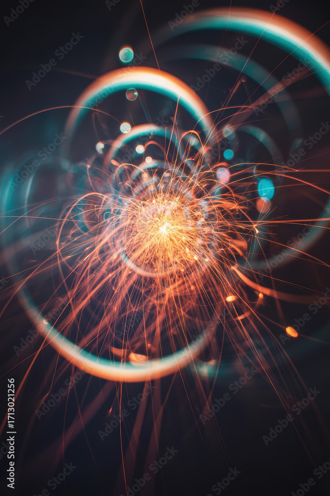 Poster dynamic burst of colorful sparks creating a mesmerizing light display in dark background