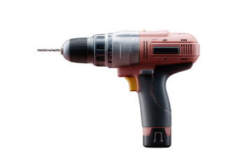 Cordless electric drill with drill bit on black background, cut out