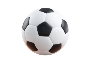 Classic black and white soccer ball with hexagonal pattern on white background, cut out