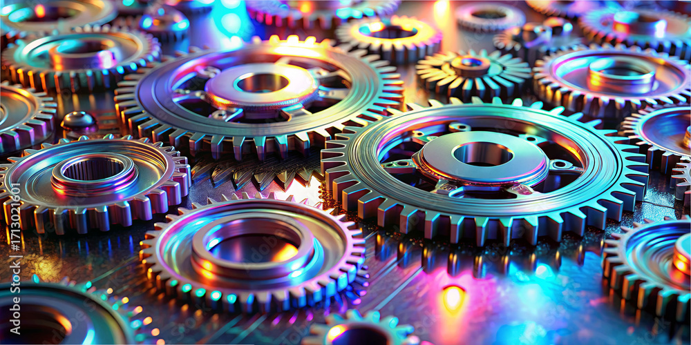 Poster various metal gears are arranged on a shiny surface, reflecting colorful lights. the intricate desig