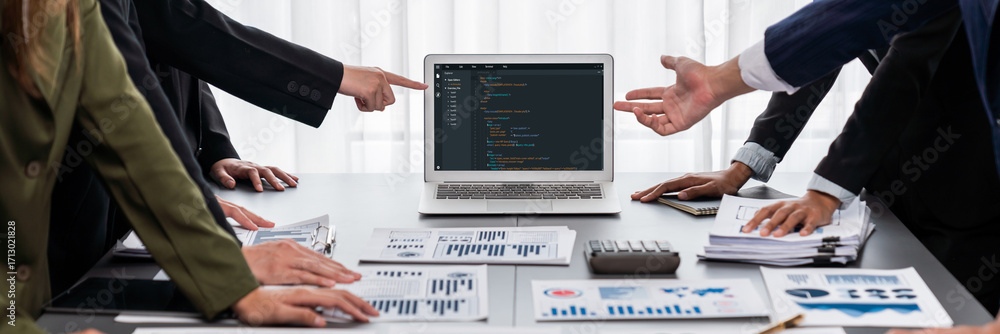 Poster panorama shot analyst team utilizing bi fintech to analyze financial report with laptop. businesspeo