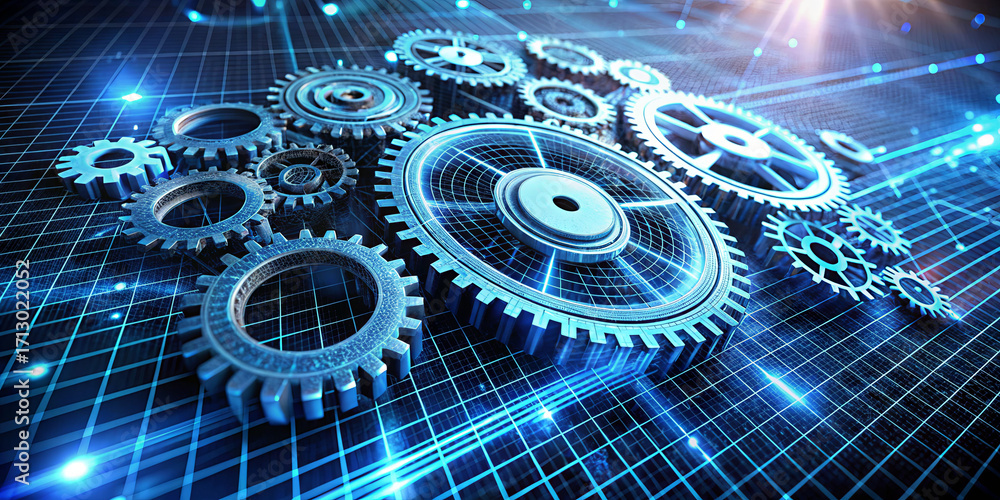 Poster close-up view of interconnected gears and cogs set against a glowing digital background. the scene i