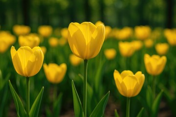 Fototapeta premium Vivid yellow tulips thriving amidst garden greenery
