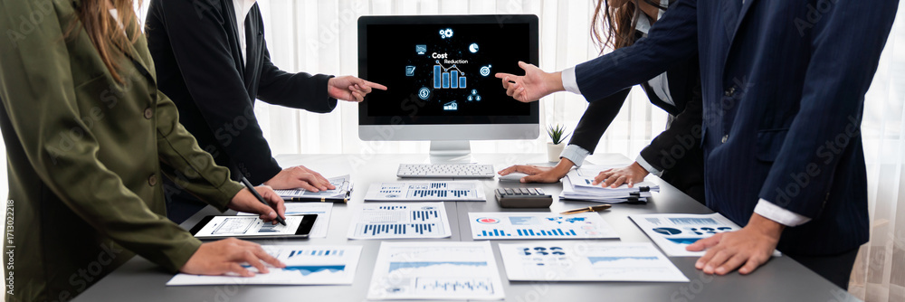 Poster cost reduction, cost saving concept shown on computer screen brisk, corporate business efficiently s