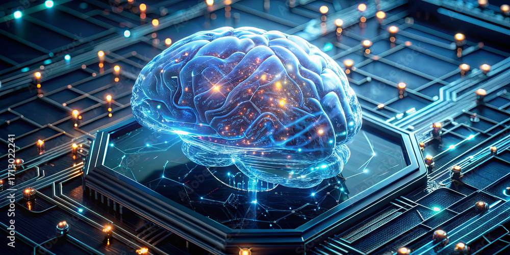 Poster a glowing brain is displayed on a digital circuit board, symbolizing the connection between technolo