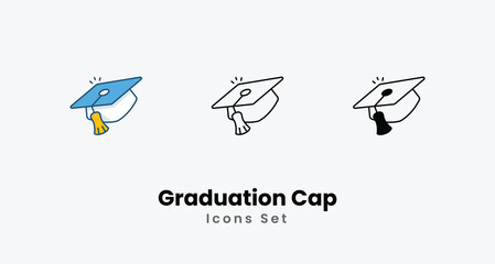 Graduation Cap Icons thin line and glyph vector icon stock illustration