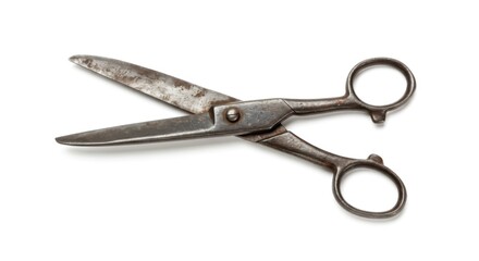 Antique scissors displayed over white backdrop.