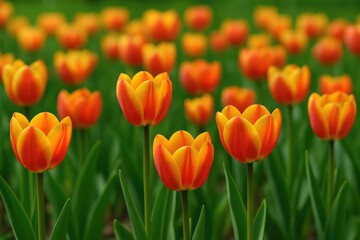 Obraz premium Brightly colored tulips in shades of yellow and red filling a field