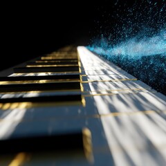 Close-up piano keys, light streaks, abstract blue particles