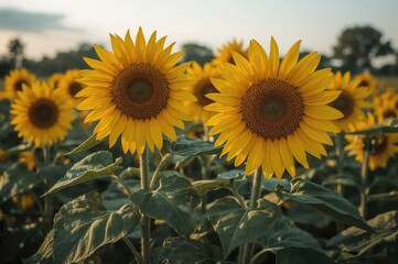 Bright yellow sunflowers opening at dawn