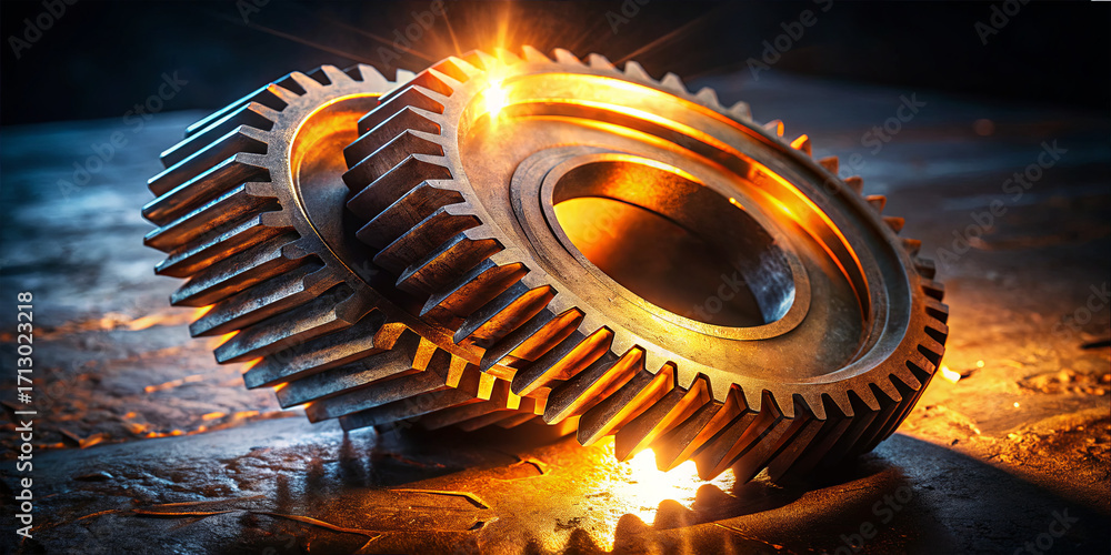 Poster bright sparks fly as two metallic gears rest on a dark surface. the scene captures the shine and int