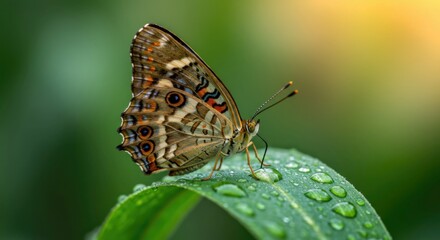 Obraz premium Close-up of butterfly resting on dewy green leaf.