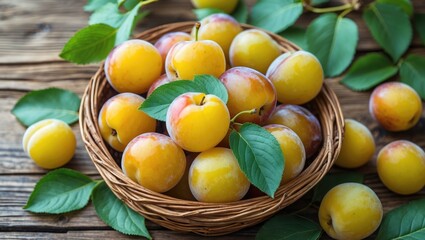 Wooden table with a collection of yellow plums in a basket