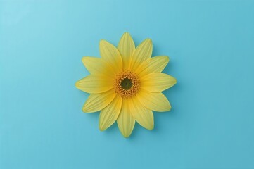 Abstract yellow spring flower painted with brush strokes on a smooth blue gradient background. Creative floral design ideal for logos or greeting cards.