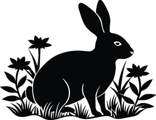 Rabbit In Meadow Silhouette | Rabbit Meadow Vector Illustration