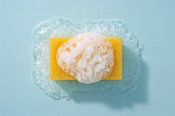 Top-down view of a yellow cleaning sponge with foam against a pale blue backdrop