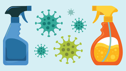 Disinfectant spray bottles, cartoon virus illustration, cleaning concept, hygiene protection, health safety design, antibacterial product graphic