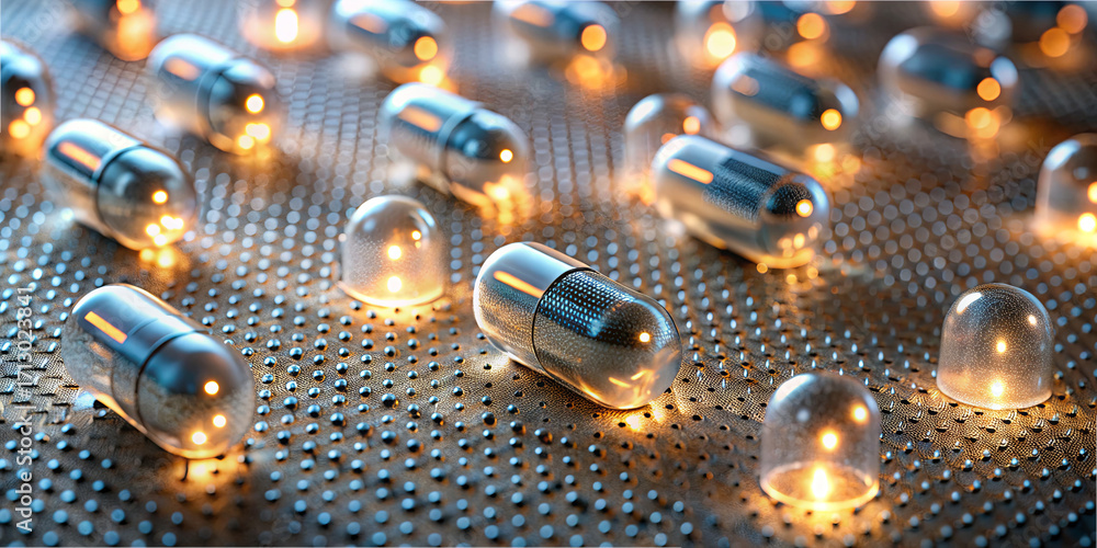 Aufkleber Silver capsules are scattered across a textured surface, surrounded by glowing orbs that create a captivating display. The scene highlights details of light and shadow in a unique arrangement