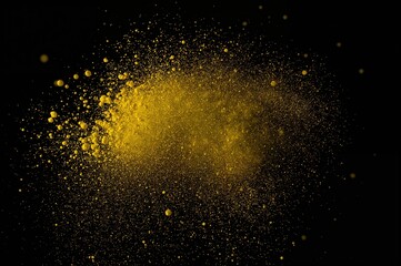 Fototapeta premium Yellow dust particles floating separately against a dark backdrop, motion powder dispersion.