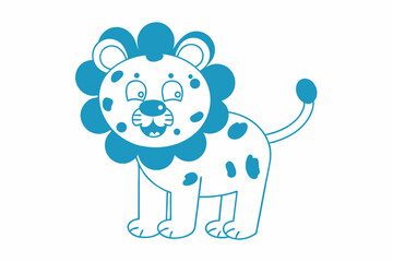 Cartoon spotted lion stands with a happy expression and a blue outline
