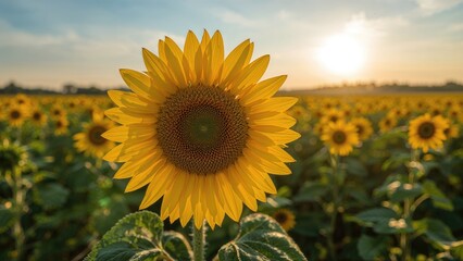 Yellow sunflower blossom captured up close with a sunflower field in the distance