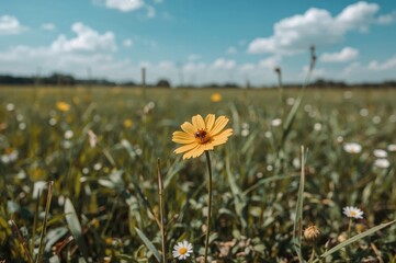 Solitary yellow bloom in meadow with a ladybug
