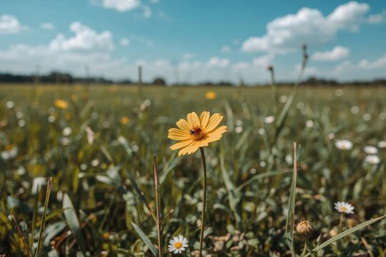 Solitary yellow bloom in meadow with a ladybug