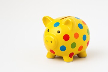 Colorful piggy bank featuring yellow and vibrant dots against a white background