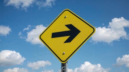 Traffic warning sign with a right turn arrow in yellow