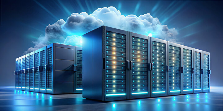 Glowing servers are arranged in a modern data center, with a dramatic cloud formation in the background. The scene highlights advanced technology and data storage capabilities