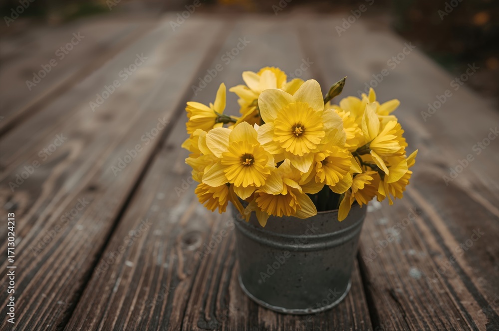 Poster yellow daffodils arranged in a container on rustic wooden boards with selective focus.