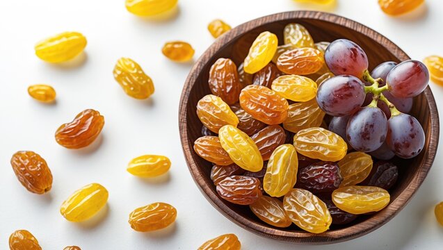 Sun-dried yellow grapes displayed against a white background
