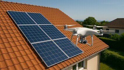 Drone inspecting rooftop solar panels on residential building for renewable energy efficiency