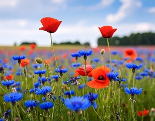 Vibrant red and blue wildflowers in a field under a partly cloudy sky