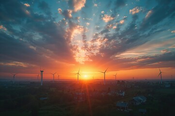 Sunset backdrop featuring silhouettes of windmills, energy producers, and small homes, blending technology with nature