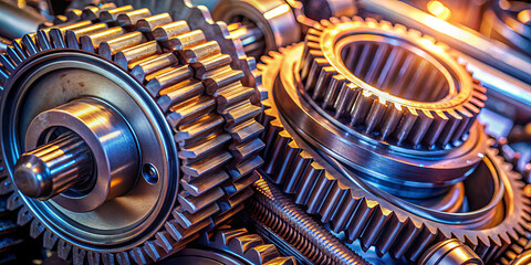 Fototapeta premium Metal gears are clustered together, showcasing intricate designs and various sizes. The lighting highlights their polished surfaces, emphasizing the machinery used in an industrial workshop