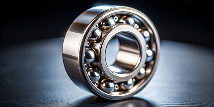 In a well-lit setting, a metal ball bearing rests on a dark surface. Its shiny, smooth surface and spherical balls emphasize precise engineering and durability, ideal for various machinery uses