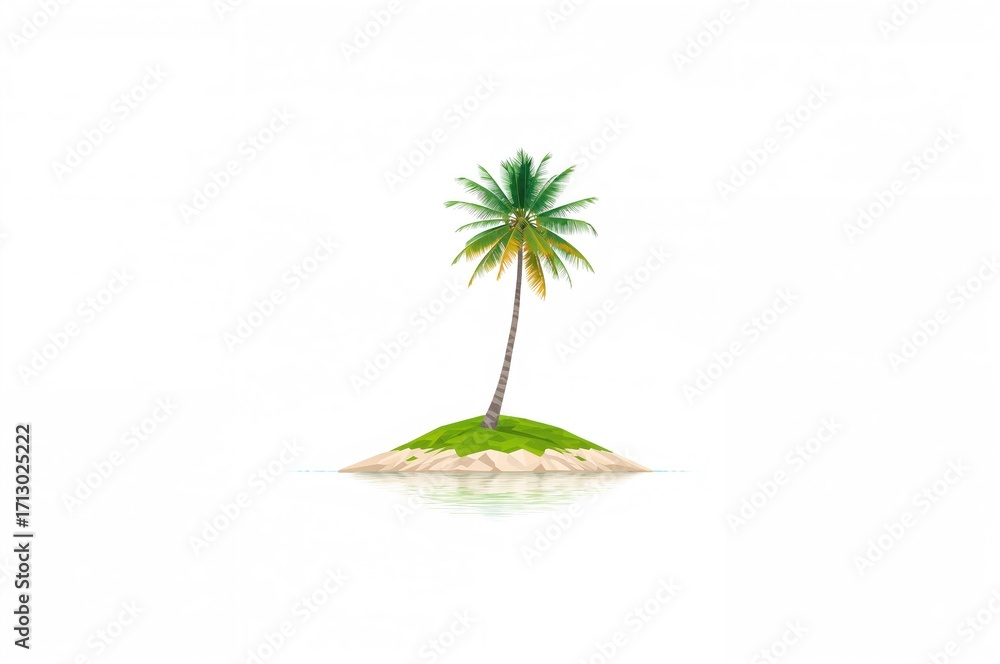Poster minimalist polygonal island design featuring a coconut tree on a plain white backdrop; sky area remo