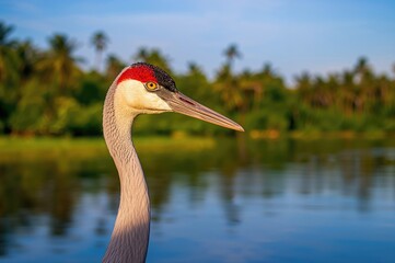 Close-up profile of a Sand Hill crane by a warm tropical lake at dawn