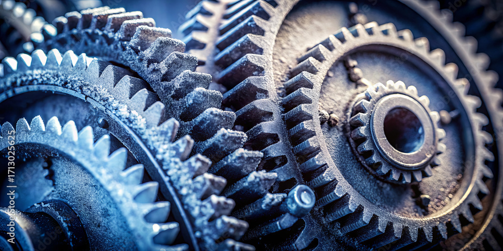 Poster close-up view of interlocking gears showcasing intricate details and textures. the machinery symboli