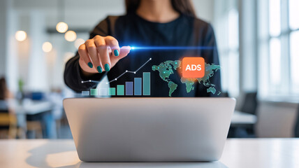 Woman Interacting with Digital Advertising Analytics and World Map Interface image photo